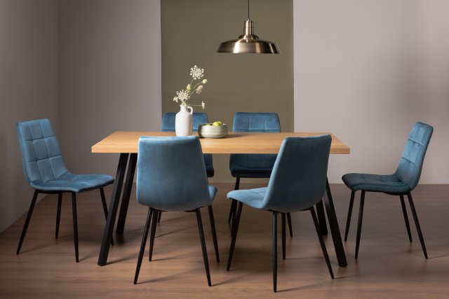 Gallery Collection Ramsay Rustic Oak Effect Melamine 6 Seater Dining Table with 4 Legs  & 6 Mondrian Petrol Blue Velvet Fabric Chairs with Sand Black Powder Coated Legs