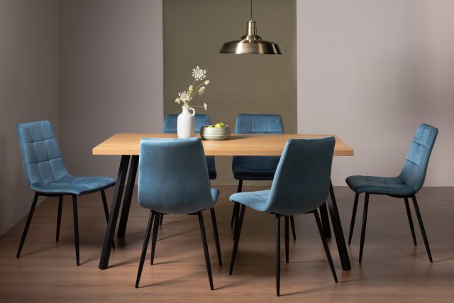 Gallery Collection Ramsay Oak Melamine 6 Seater Table - 4 Legs & 6 Mondrian Petrol Blue Velvet Chairs