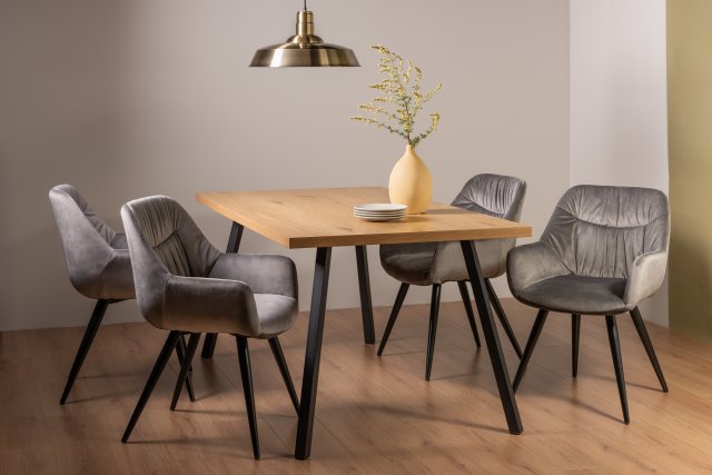 Gallery Collection Ramsay Rustic Oak Effect Melamine 6 Seater Dining Table with 4 Legs  & 4 Dali Grey Velvet Fabric Chairs with Sand Black Powder Coated Legs