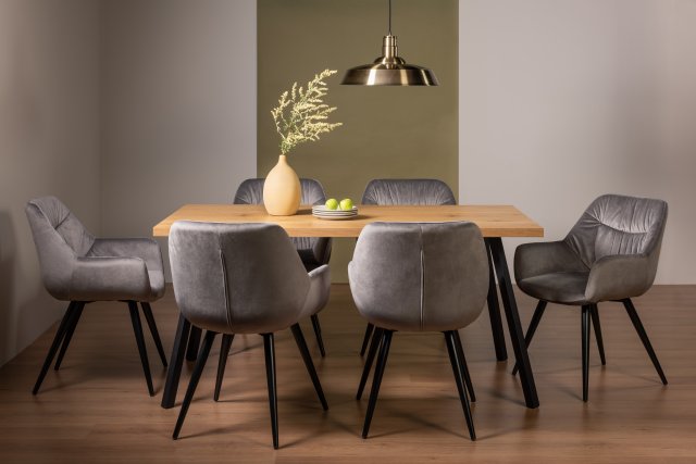 Gallery Collection Ramsay Rustic Oak Effect Melamine 6 Seater Dining Table with 4 Legs  & 6 Dali Grey Velvet Fabric Chairs with Sand Black Powder Coated Legs