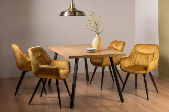 Gallery Collection Ramsay Oak Melamine 6 Seater Table - 4 Legs & 4 Dali Mustard Velvet Chairs