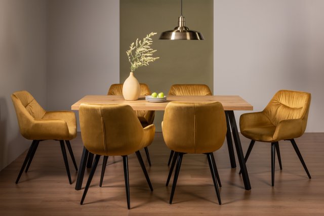 Gallery Collection Ramsay Rustic Oak Effect Melamine 6 Seater Dining Table with 4 Legs  & 6 Dali Mustard Velvet Fabric Chairs with Sand Black Powder Coated Legs