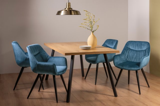 Gallery Collection Ramsay Rustic Oak Effect Melamine 6 Seater Dining Table with 4 Legs  & 4 Dali Petrol Blue Velvet Fabric Chairs with Sand Black Powder Coated Legs