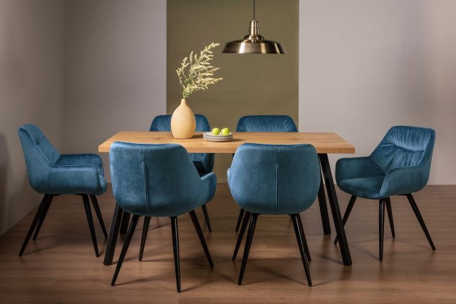 Gallery Collection Ramsay Rustic Oak Effect Melamine 6 Seater Dining Table with 4 Legs  & 6 Dali Petrol Blue Velvet Fabric Chairs with Sand Black Powder Coated Legs