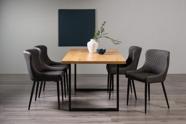 Gallery Collection Ramsay Oak Melamine 6 Seater Table - U Leg & 4 Cezanne Dark Grey Faux Leather Chairs - Black Legs