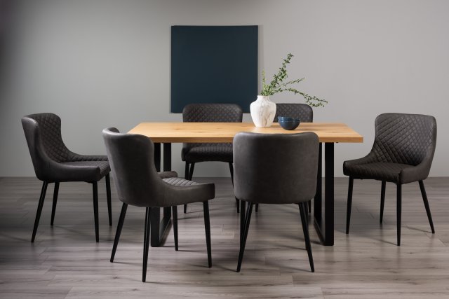 Gallery Collection Ramsay Oak Melamine 6 Seater Table - U Leg & 6 Cezanne Dark Grey Faux Leather Chairs - Black Legs