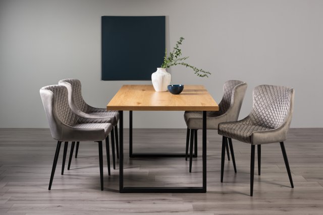 Gallery Collection Ramsay Rustic Oak Effect Melamine 6 Seater Dining Table with U Leg  & 4 Cezanne Grey Velvet Fabric Chairs with Sand Black Powder Coated Legs