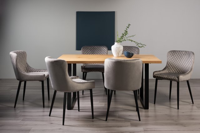 Gallery Collection Ramsay Oak Melamine 6 Seater Table - U Leg & 6 Cezanne Grey Velvet Chairs - Black Legs