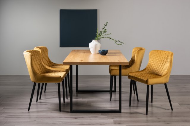Gallery Collection Ramsay Rustic Oak Effect Melamine 6 Seater Dining Table with U Leg  & 4 Cezanne Mustard Velvet Fabric Chairs with Sand Black Powder Coated Legs