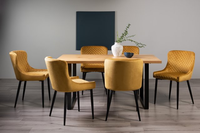 Gallery Collection Ramsay Rustic Oak Effect Melamine 6 Seater Dining Table with U Leg  & 6 Cezanne Mustard Velvet Fabric Chairs with Sand Black Powder Coated Legs