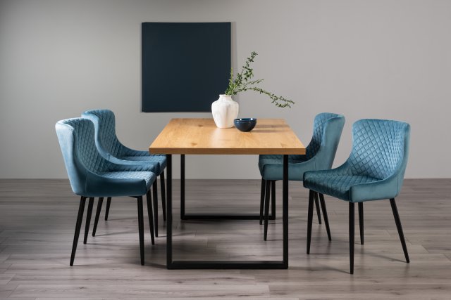 Gallery Collection Ramsay Rustic Oak Effect Melamine 6 Seater Dining Table with U Leg  & 4 Cezanne Petrol Blue Velvet Fabric Chairs with Sand Black Powder Coated Legs