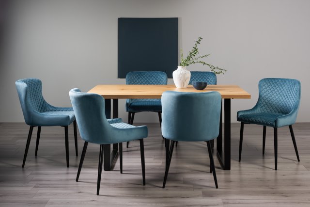 Gallery Collection Ramsay Oak Melamine 6 Seater Table - U Leg & 6 Cezanne Petrol Blue Velvet Chairs - Black Legs