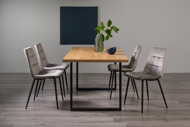 Gallery Collection Ramsay Rustic Oak Effect Melamine 6 Seater Dining Table with U Leg  & 4 Mondrian Grey Velvet Fabric Chairs with Sand Black Powder Coated Legs