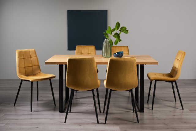 Gallery Collection Ramsay Oak Melamine 6 Seater Table - U Leg & 6 Mondrian Mustard Velvet Chairs