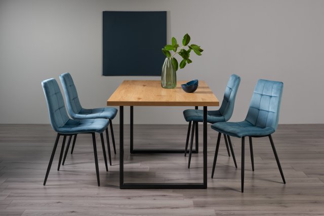 Gallery Collection Ramsay Rustic Oak Effect Melamine 6 Seater Dining Table with U Leg  & 4 Mondrian Petrol Blue Velvet Fabric Chairs with Sand Black Powder Coated Legs