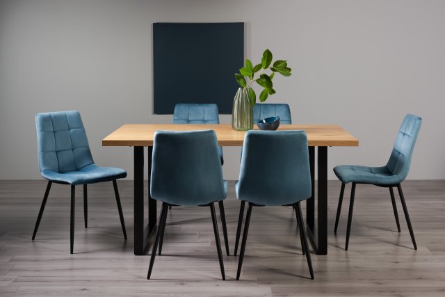 Gallery Collection Ramsay Oak Melamine 6 Seater Table - U Leg & 6 Mondrian Petrol Blue Velvet Chairs