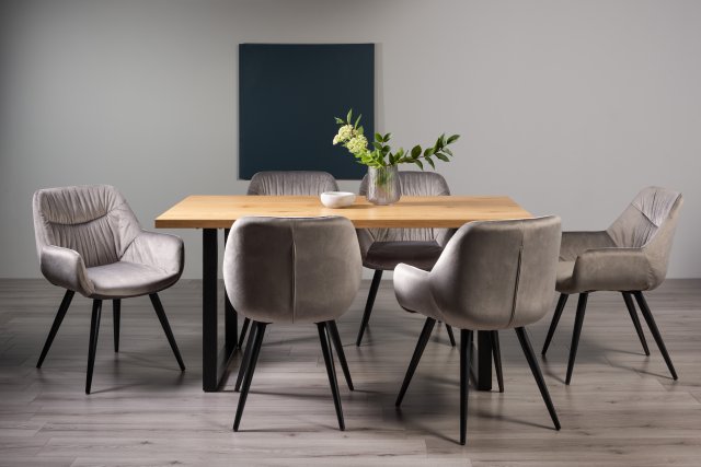 Gallery Collection Ramsay Rustic Oak Effect Melamine 6 Seater Dining Table with U Leg  & 6 Dali Grey Velvet Fabric Chairs with Sand Black Powder Coated Legs