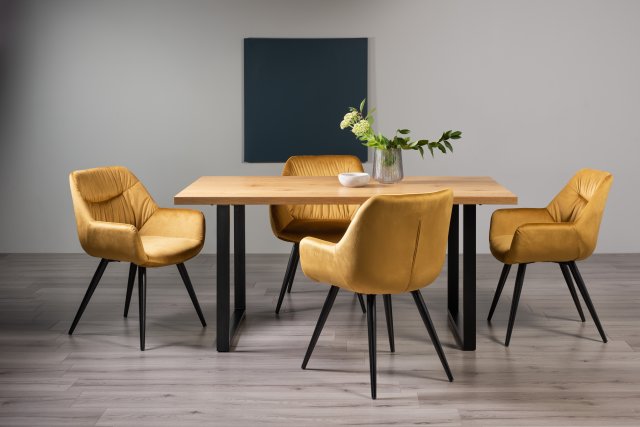 Gallery Collection Ramsay Rustic Oak Effect Melamine 6 Seater Dining Table with U Leg  & 4 Dali Mustard Velvet Fabric Chairs with Sand Black Powder Coated Legs