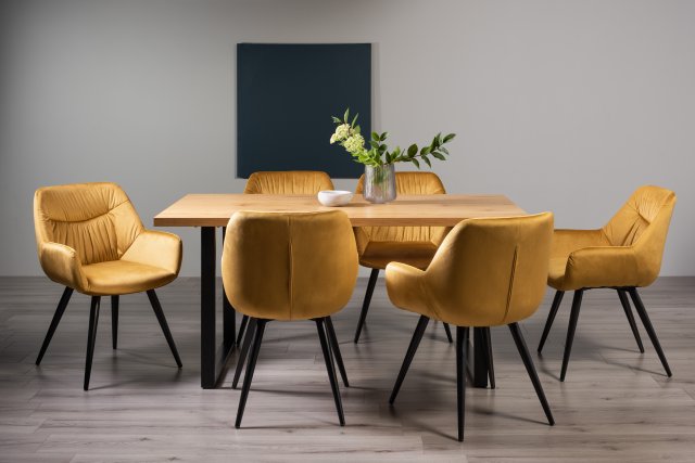 Gallery Collection Ramsay Oak Melamine 6 Seater Table - U Leg & 6 Dali Mustard Velvet Chairs