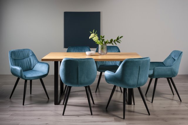 Gallery Collection Ramsay Oak Melamine 6 Seater Table - U Leg & 6 Dali Petrol Blue Velvet Chairs