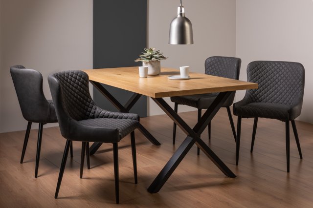 Gallery Collection Ramsay Rustic Oak Effect Melamine 6 Seater Dining Table  with X Leg & 4 Cezanne Dark Grey Faux Leather Chairs with Sand Black Powder  Coated Legs - Dining Sets -