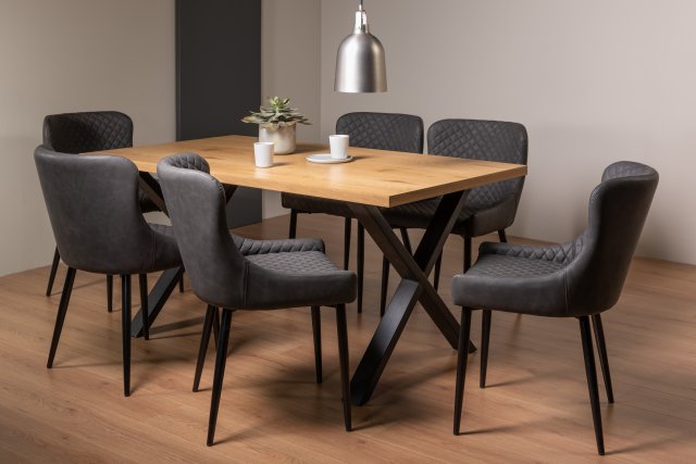 Gallery Collection Ramsay Oak Melamine 6 Seater Table - X Leg & 6 Cezanne Dark Grey Faux Leather Chairs - Black Legs