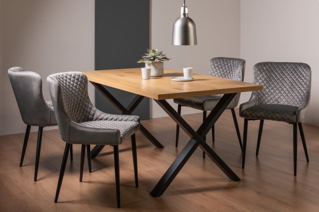 Gallery Collection Ramsay Rustic Oak Effect Melamine 6 Seater Dining Table with X Leg  & 4 Cezanne Grey Velvet Fabric Chairs with Sand Black Powder Coated Legs