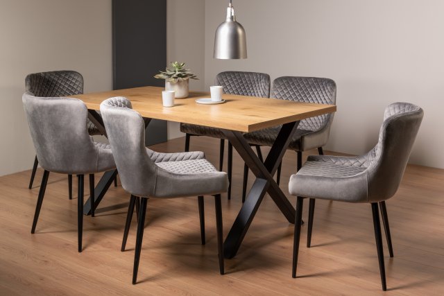 Gallery Collection Ramsay Rustic Oak Effect Melamine 6 Seater Dining Table with X Leg  & 6 Cezanne Grey Velvet Fabric Chairs with Sand Black Powder Coated Legs