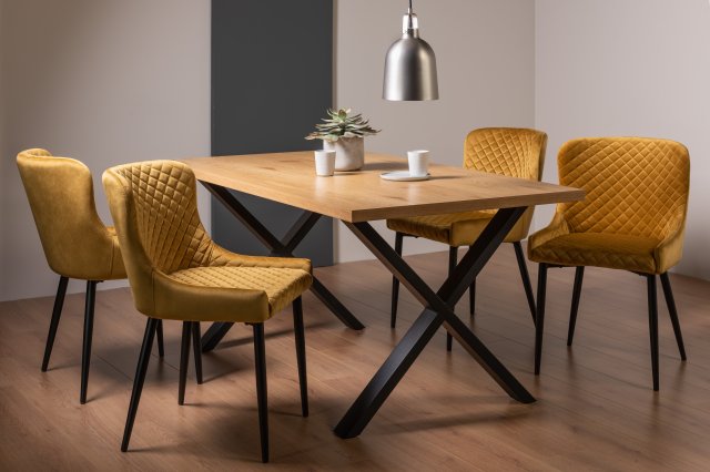 Gallery Collection Ramsay Oak Melamine 6 Seater Table - X Leg & 4 Cezanne Mustard Velvet Chairs - Black Legs