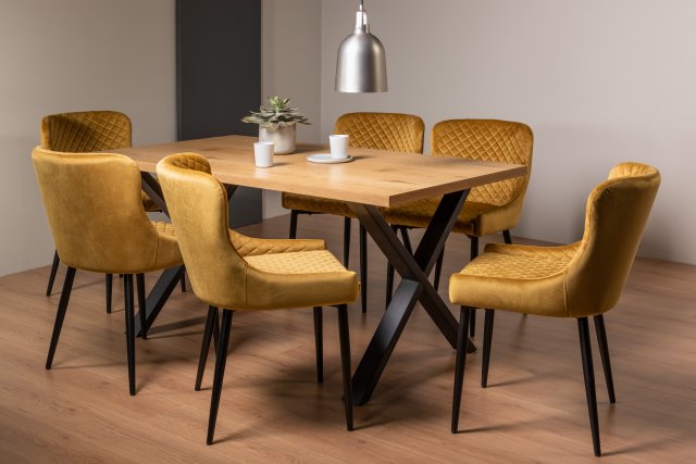 Gallery Collection Ramsay Oak Melamine 6 Seater Table - X Leg & 6 Cezanne Mustard Velvet Chairs - Black Legs