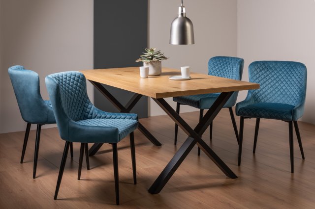 Gallery Collection Ramsay Oak Melamine 6 Seater Table - X Leg & 4 Cezanne Petrol Blue Velvet Chairs - Black Legs