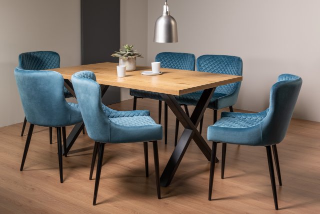 Gallery Collection Ramsay Oak Melamine 6 Seater Table - X Leg & 6 Cezanne Petrol Blue Velvet Chairs - Black Legs