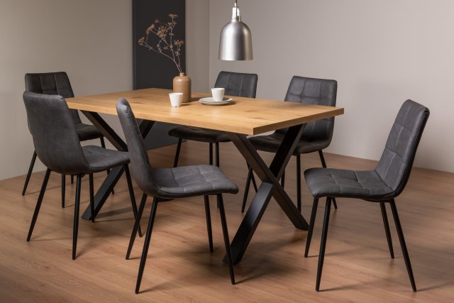 Gallery Collection Ramsay Oak Melamine 6 Seater Table - X Leg & 6 Mondrian Dark Grey Faux Leather Chairs