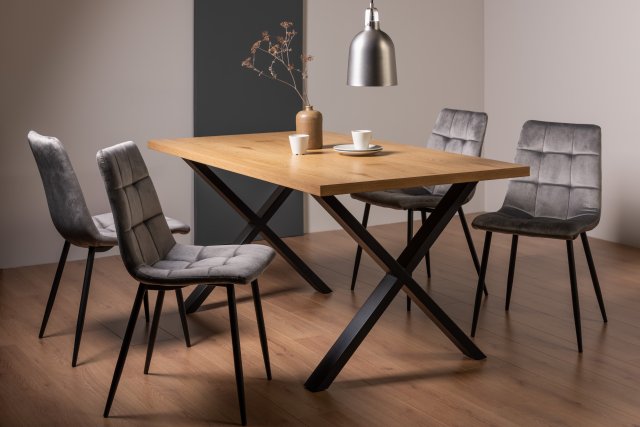 Gallery Collection Ramsay Rustic Oak Effect Melamine 6 Seater Dining Table with X Leg  & 4 Mondrian Grey Velvet Fabric Chairs with Sand Black Powder Coated Legs
