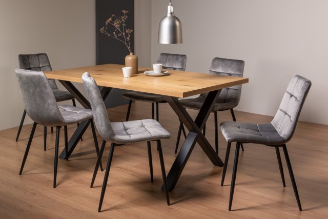 Gallery Collection Ramsay Rustic Oak Effect Melamine 6 Seater Dining Table with X Leg  & 6 Mondrian Grey Velvet Fabric Chairs with Sand Black Powder Coated Legs