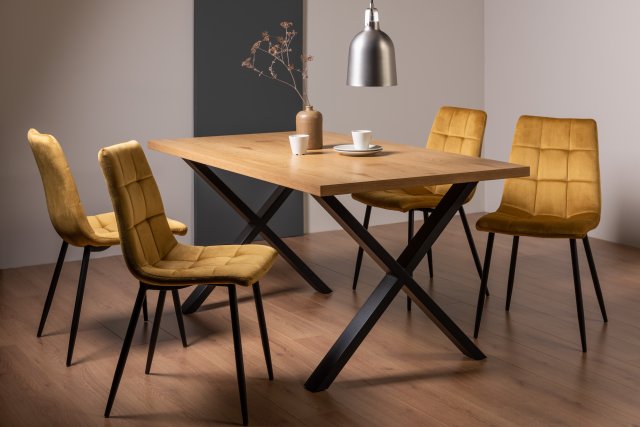 Gallery Collection Ramsay Oak Melamine 6 Seater Table - X Leg & 4 Mondrian Mustard Velvet Chairs