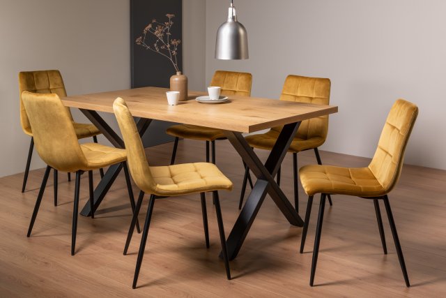 Gallery Collection Ramsay Rustic Oak Effect Melamine 6 Seater Dining Table with X Leg  & 6 Mondrian Mustard Velvet Fabric Chairs with Sand Black Powder Coated Legs