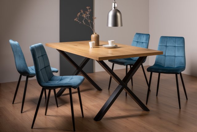 Gallery Collection Ramsay Oak Melamine 6 Seater Table - X Leg & 4 Mondrian Petrol Blue Velvet Chairs