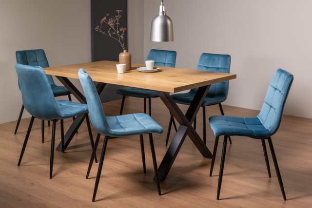 Gallery Collection Ramsay Oak Melamine 6 Seater Table - X Leg & 6 Mondrian Petrol Blue Velvet Chairs