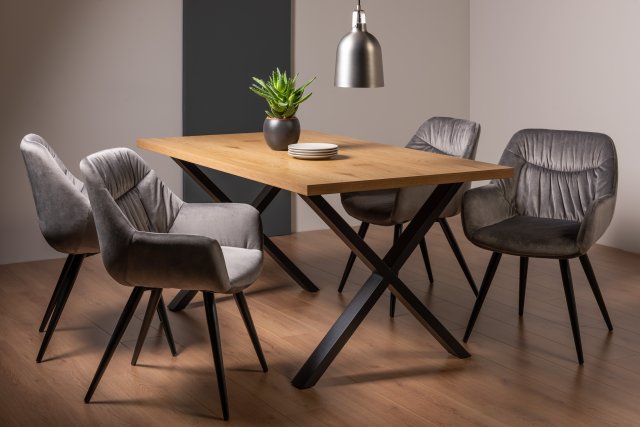 Gallery Collection Ramsay Oak Melamine 6 Seater Table - X Leg & 4 Dali Grey Velvet Chairs