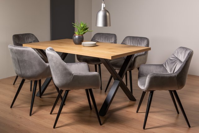 Gallery Collection Ramsay Rustic Oak Effect Melamine 6 Seater Dining Table with X Leg  & 6 Dali Grey Velvet Fabric Chairs with Sand Black Powder Coated Legs