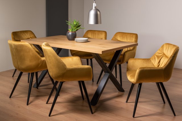 Gallery Collection Ramsay Oak Melamine 6 Seater Table - X Leg & 6 Dali Mustard Velvet Chairs