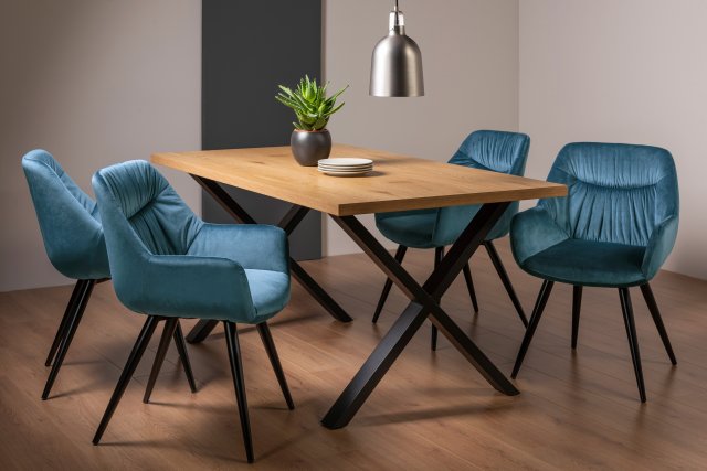 Gallery Collection Ramsay Rustic Oak Effect Melamine 6 Seater Dining Table with X Leg  & 4 Dali Petrol Blue Velvet Fabric Chairs with Sand Black Powder Coated Legs