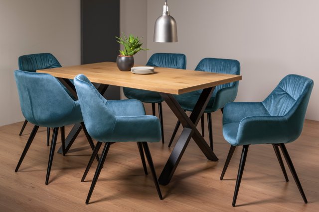 Gallery Collection Ramsay Oak Melamine 6 Seater Table - X Leg & 6 Dali Petrol Blue Velvet Chairs