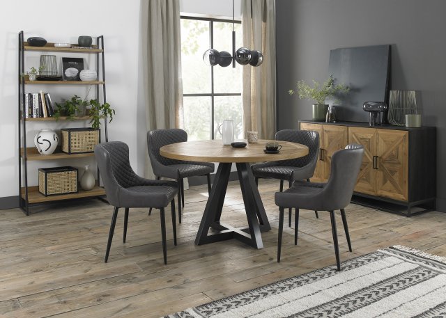Signature Collection Indus Rustic Oak 4 Seater Table & 4 Cezanne Dark Grey Faux Leather Chairs - Black Legs