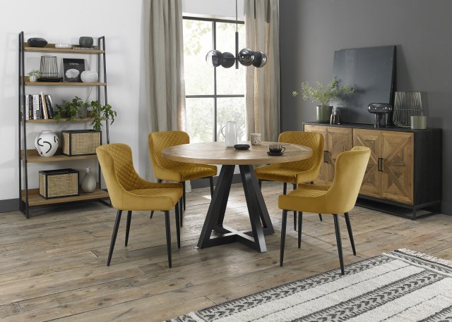 Signature Collection Indus Rustic Oak 4 Seater Table & 4 Cezanne Mustard Velvet Chairs - Black Legs