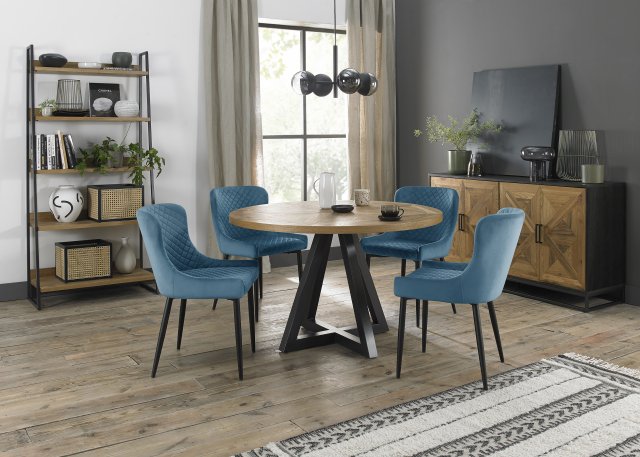 Signature Collection Indus Rustic Oak 4 Seater Dining Table with Peppercorn Legs & 4 Cezanne Petrol Blue Velvet Fabric Chairs with Sand Black Powder Coated Legs