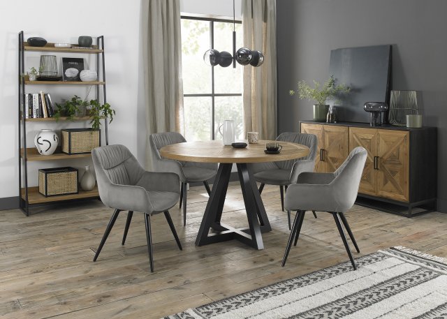 Signature Collection Indus Rustic Oak 4 Seater Table & 4 Dali Grey Velvet Chairs - Black Legs