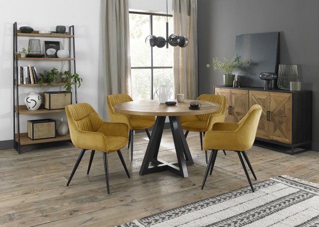 Signature Collection Indus Rustic Oak 4 Seater Table & 4 Dali Mustard Velvet Chairs - Black Legs