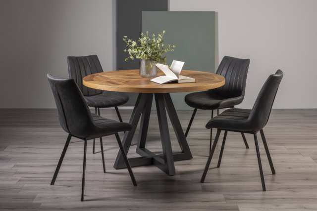 Signature Collection Indus Rustic Oak 4 Seater Dining Table with Peppercorn Legs & 4 Fontana Dark Grey Faux Suede Fabric Chairs with Grey Hand Brushing on Black Powder Coated Legs